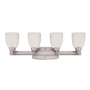 Bridwell 28 in. 4 Light Brushed Nickel Finish Vanity Light with White Frost Glass Shade