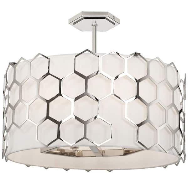 Missing Link 6-Light Polished Nickel Pendant to Semi-Flush Light with Fine White Linen Shades