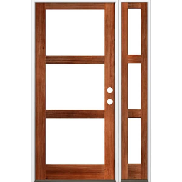 Krosswood Doors 56 in. x 96 in. Modern Hemlock Left-Hand/Inswing Clear Glass Red Chestnut Stain Wood Prehung Front Door with Sidelite
