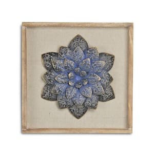 12.5 in. x 12.25 in. Dark Blue Dark Flower Wood and Metal Wall Art 1-Piece