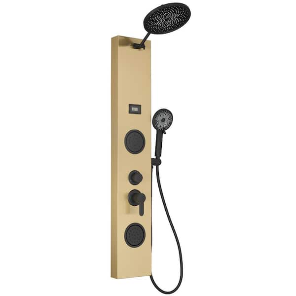 HOMEMYSTIQUE Dual 3-in-1 2-Jet Rainfall Shower Panel System with Rainfall Waterfall Shower Head and Shower Wand in Black Gold