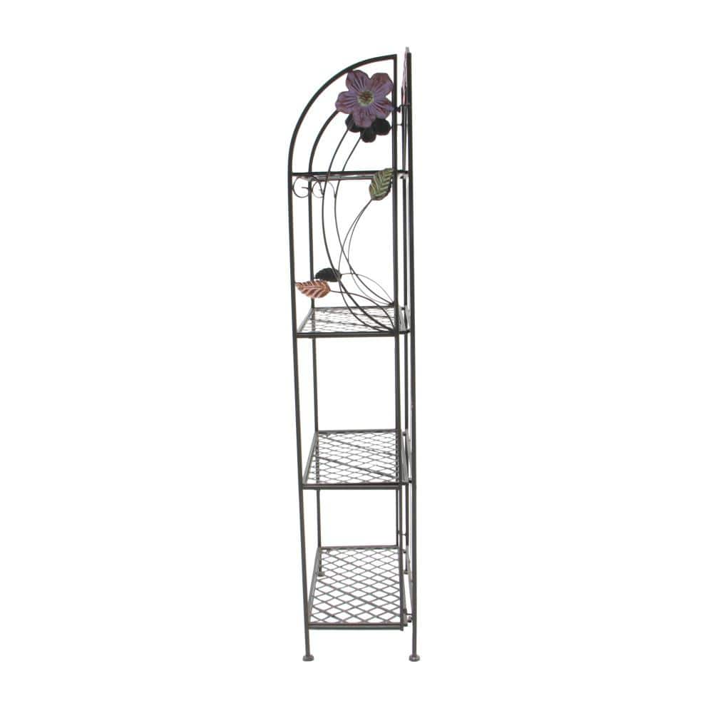 Black Metal Floral Tall Folding Bakers Rack with 4 Shelves