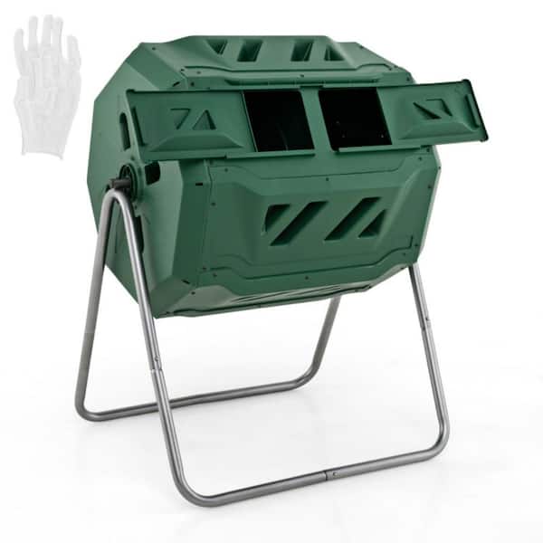 43 Gal. Dual Chamber Outdoor Tumbling Composter Bin with Sliding Doors and Aeration System in Green
