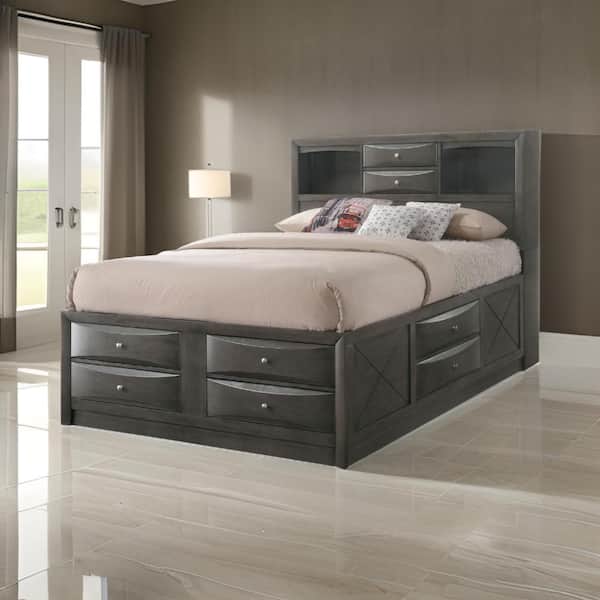 Benjara Taupe Brown Wood Frame Eastern King Size Panel Bed with Bookcase and Drawers