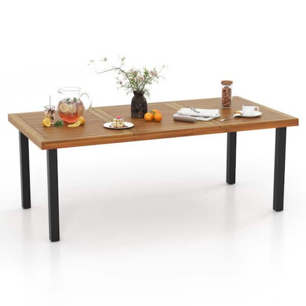79 in. W Acacia Wood Patio Dining Table Rectangular Table with with 1.9 in. Umbrella Hole for Balcony, Deck or Porch