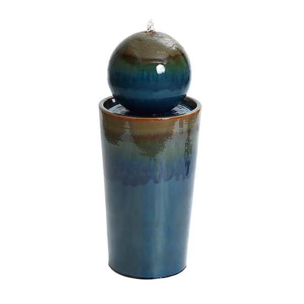 LuxenHome 30 in. Glazed Blue and Brown Duo-Tone Sphere on Round Pillar Bubbler Ceramic Urn Fountain