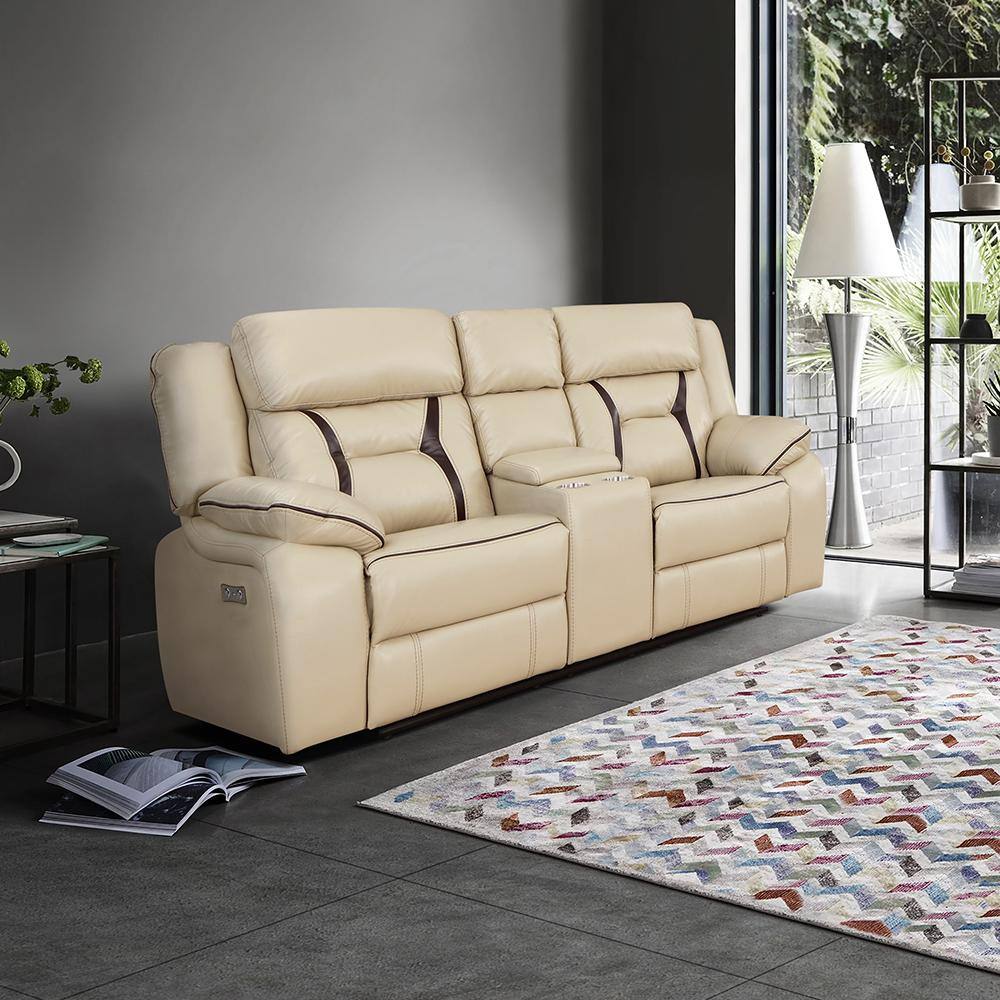Belmont 76 in. W Beige Faux Leather Power Double Reclining Loveseat with Center Console