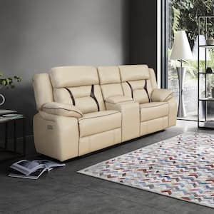 Belmont 76 in. W Beige Faux Leather Power Double Reclining Loveseat with Center Console