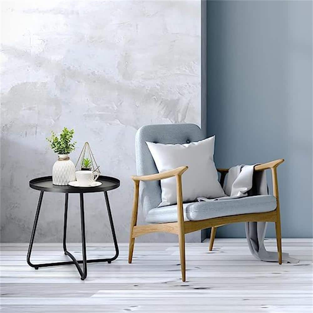 Black Round Metal Outdoor End Table with Adjustable Feet