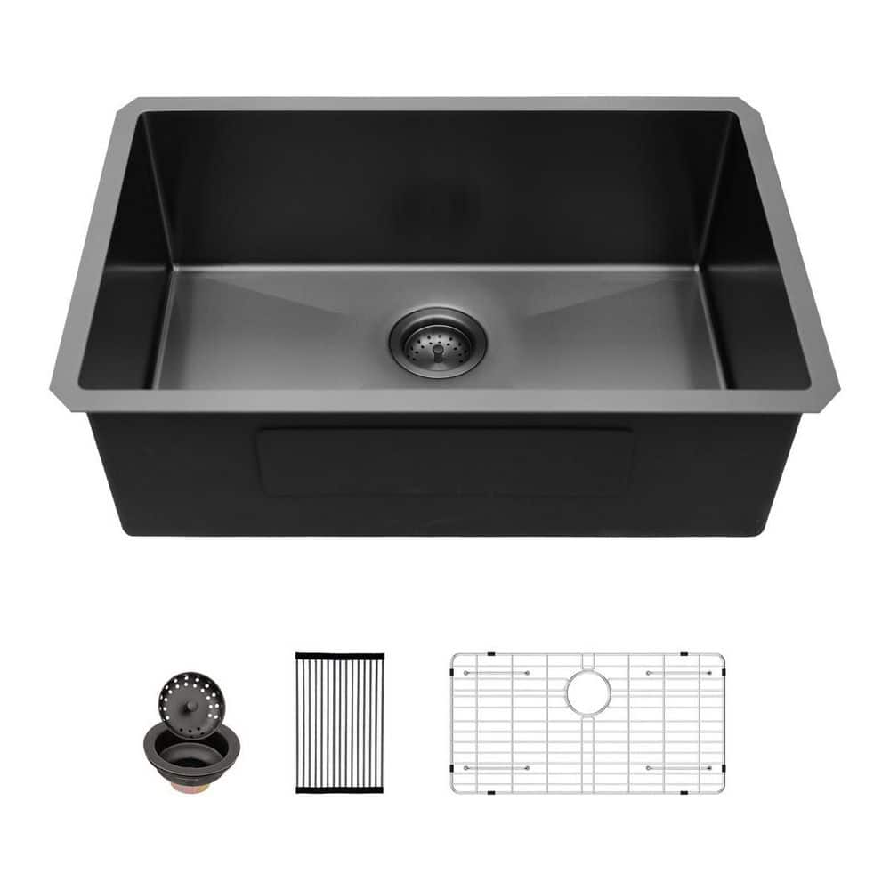 32 in. Drop-In Single Bowl 16-Gauge Gunmetal Black Stainless Steel Kitchen Sink with Dish Grid, Drying Rack and
