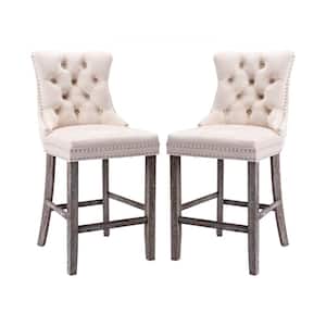 41.5 in. Beige High Back Wood with Button Tufted Decoration Bar Stool with Velvet Seat (Set of 2)