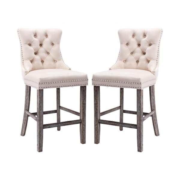 Unbranded 41.5 in. Beige High Back Wood with Button Tufted Decoration Bar Stool with Velvet Seat (Set of 2)