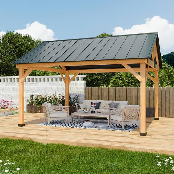 13 ft. x 11 ft. Premium Cedar Wood Hardtop Gazebo with Galvanized Steel Roof and Ceiling Hook for Outdoor Patio