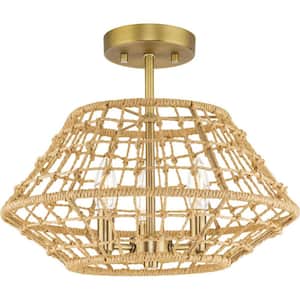 Laila Collection 16 in. 3-Light Vintage Brass Semi-Flush Mount Convertible with Woven Jute Accents