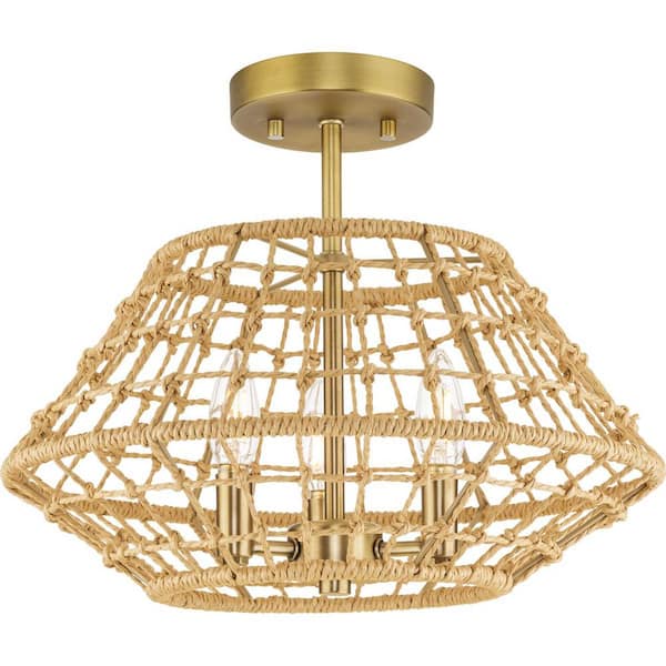 Progress Lighting Laila Collection 16 in. 3-Light Vintage Brass Semi-Flush Mount Convertible with Woven Jute Accents