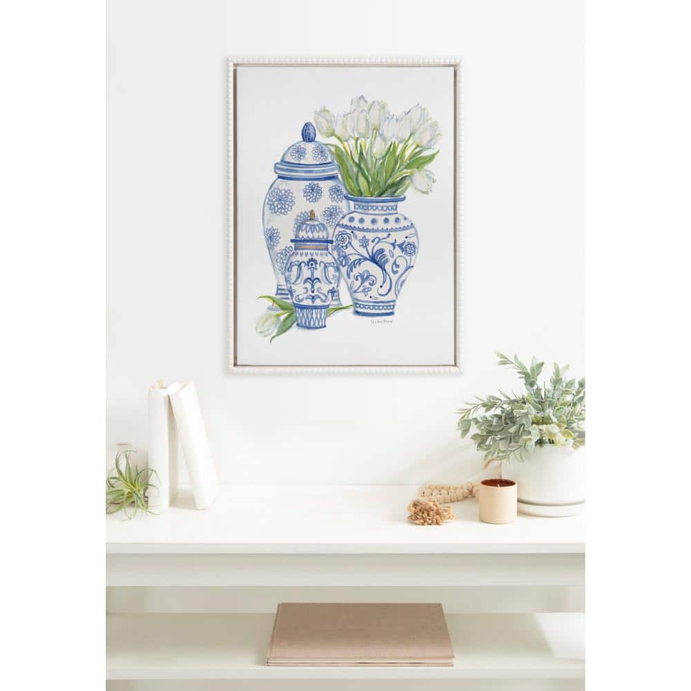 18x24 White Beaded Frame Canvas with Blue Chinoiserie Jars and Tulips