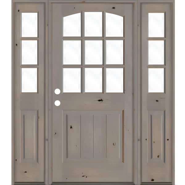 Krosswood Doors 64 in. x 80 in. Knotty Alder Right-Hand/Inswing 1/2 Lite Clear Glass Grey Stain Wood Prehung Front Door with Sidelites