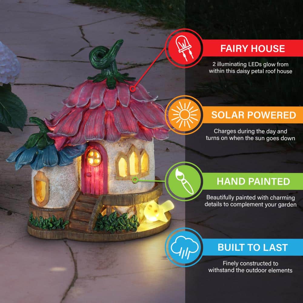 Solar Pink and Blue Daisy Petal Roof Fairy House Garden Statue