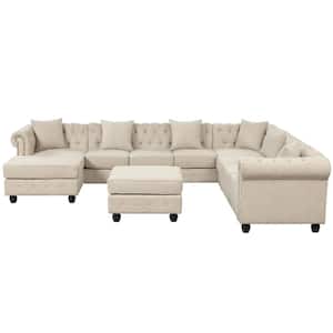Corner Sectional 132 in.W Rolled Arms 4-Piece Linen U Shape Sectional Sofa in. Beige with Ottoman