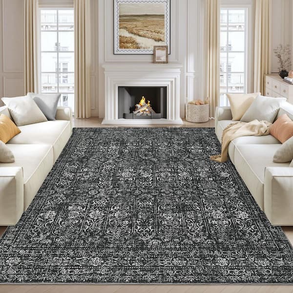 Black 8 ft. x 10 ft. Vintage Floral Carpet Short Pile Neutral Soft Rug Non-Slip for Bedroom Living Room