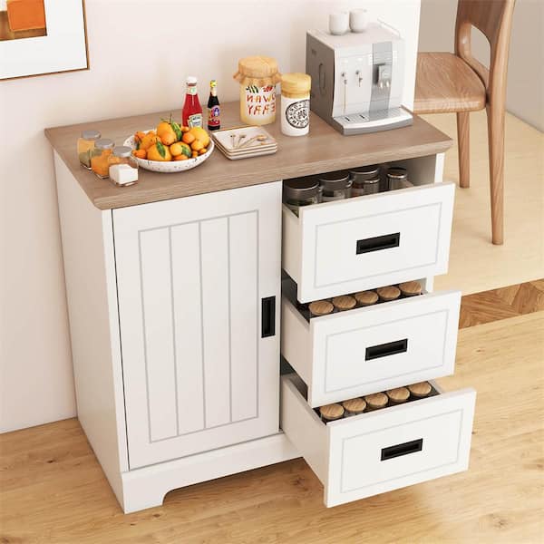 Farmhouse Ivory and Oak MDF Sideboard Buffet Cabinet with Sliding Doors 3 Drawers Adjustable Shelf