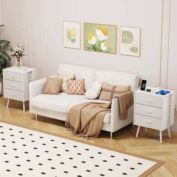 White 2-Piece Modern Nightstand w/ Charging Station and LED Light, 3 Fabric Drawer Per Nightstand,End Table for Bedroom