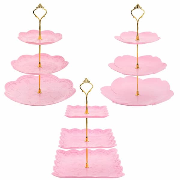 3-Pack 3-Tier Pink Plastic Tiered Dessert Cupcake and Candy Serving Stand Set with Gold Rods (Set of 3)