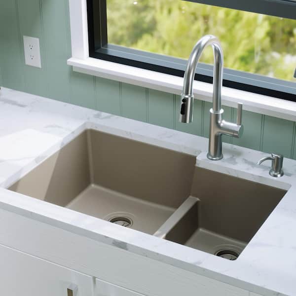 Karran Quartz/Granite Concrete 33 in. 60/40 Double Bowl Composite Undermount Kitchen Sink