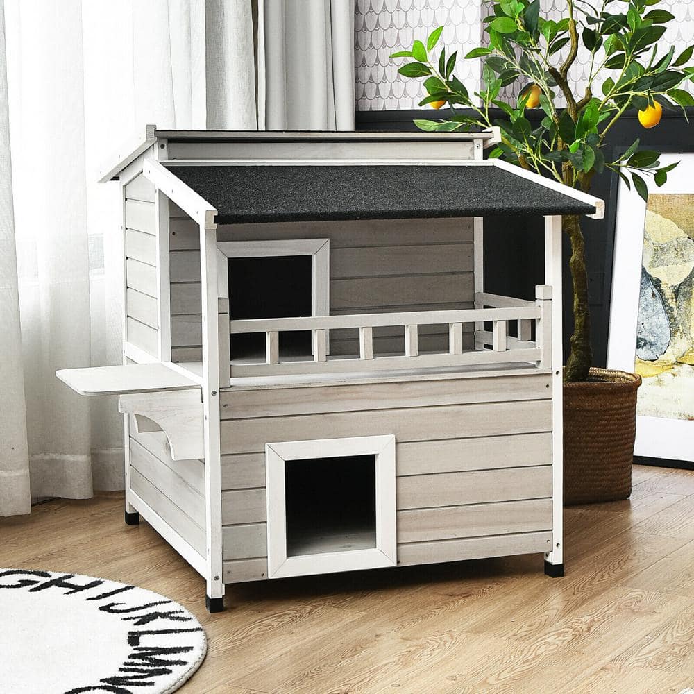 Gray and White 2-Story Wooden Outdoor Cat House with Balcony
