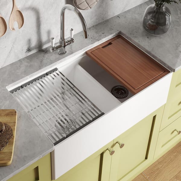 Fiore 33 in. Apron-Front Farmhouse Single Bowl White Fireclay Kitchen Sink and with Workstation Accessories
