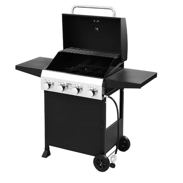 4-Burner Propane Grill in Black with Foldable Side Tables and Portable Wheels for Outdoor Cooking