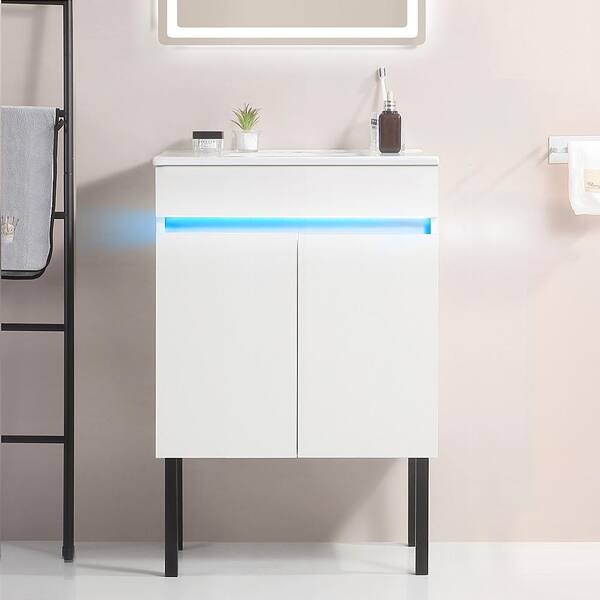 Unbranded 24 in. W x 18 in. D x 32 in. H Freestanding Bathroom Vanity in White with Radar Sensing Light and with ceramic sink Top