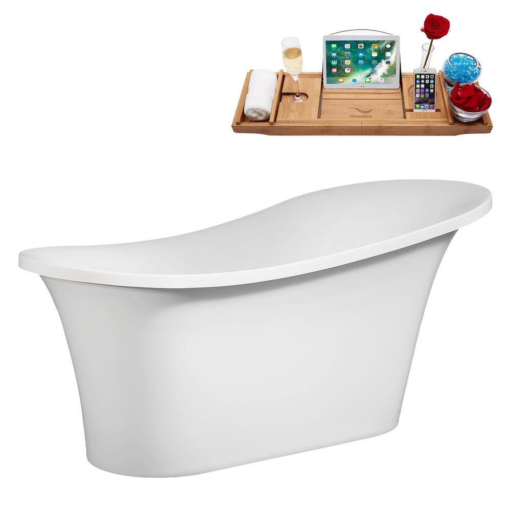 60" Glossy White Acrylic Freestanding Double Slipper Tub with Brushed Nickel Drain