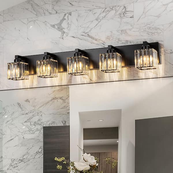 Orillia 35.4 in. 5-Light Black Bathroom Vanity Light with Crystal Shades