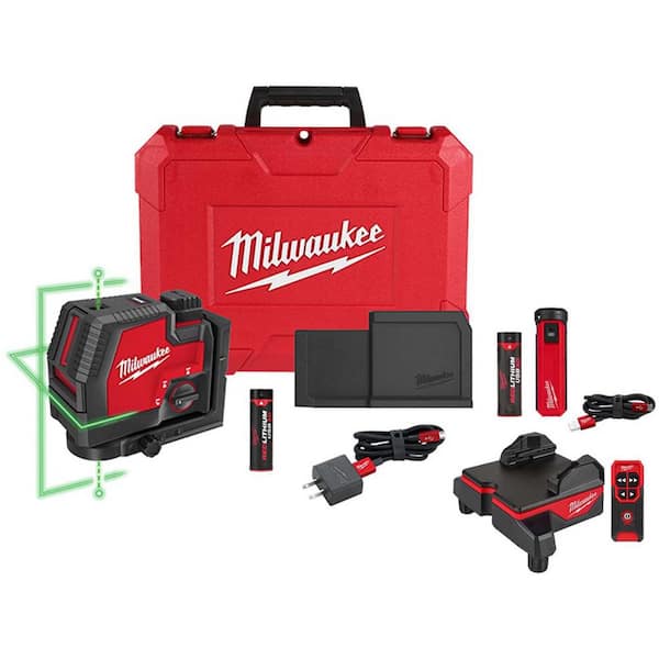 Green 100 ft. Cross Line & Plumb Points Rechargeable Laser Level w USB Battery, Wireless Level Alignment Base, Battery