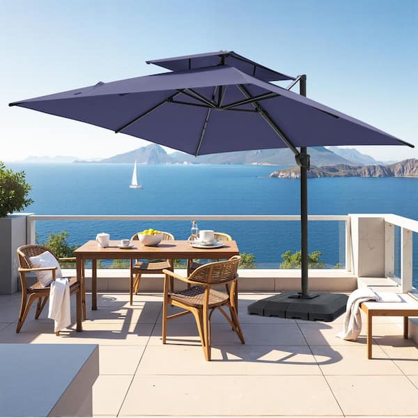 10 ft. Square 2-Tier Top Aluminum 360° Rotation Tilt Cantilever Patio Umbrella in Navy Blue with Stand for Pool Garden