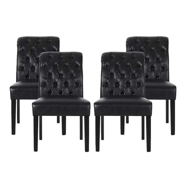 Noble House Cullon Midnight Black Tufted Rolltop Faux Leather Dining Chair (Set of 4)