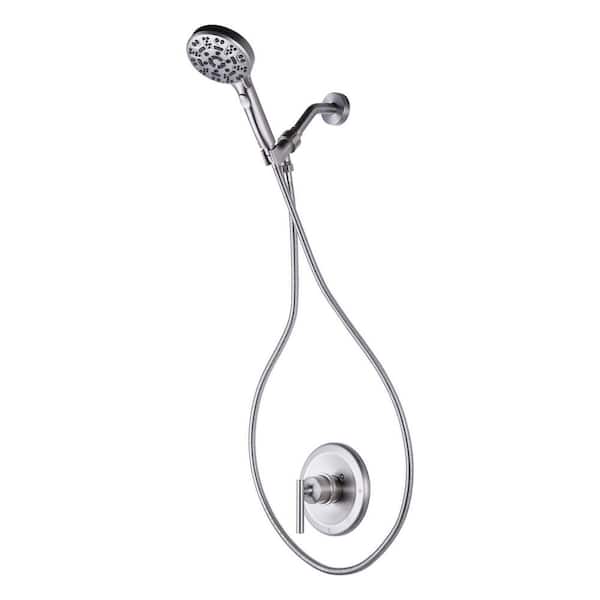 Single Handle 7-Spray Handheld Shower Faucet 1.8 GPM with Button and Brass Rough-in Valve Included in Brushed Nickel