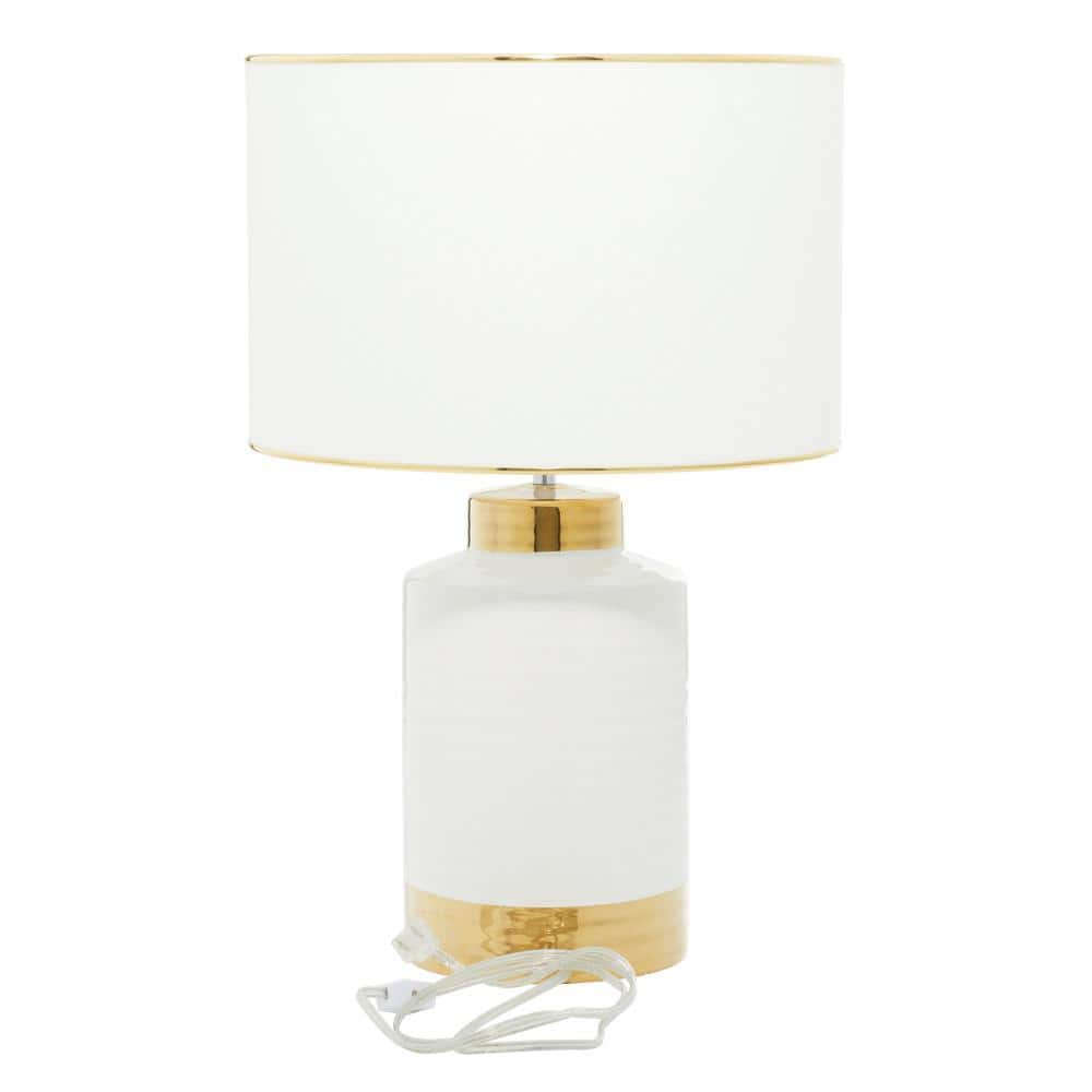 Gold Trim White Ceramic Cylindrical Nightstand Lamp