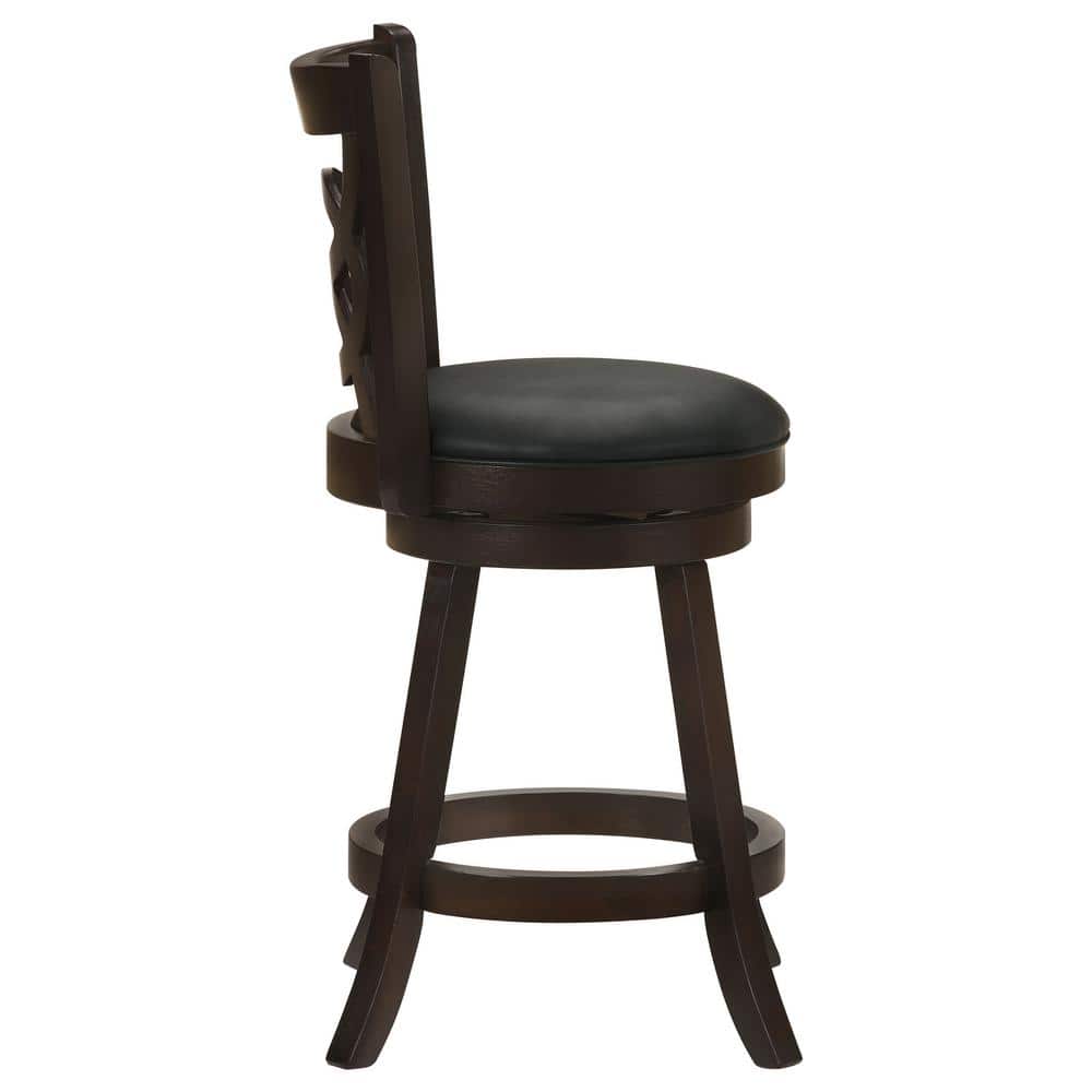 Elegante Swivel 37.5" Black Leather and Wood Counter Stool