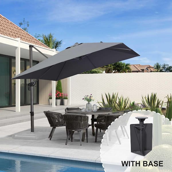 PURPLE LEAF 10 ft. Square Aluminum Outdoor Patio Cantilever Umbrella 360-Degree Rotation Umbrella with Base in Ground, Light Gray