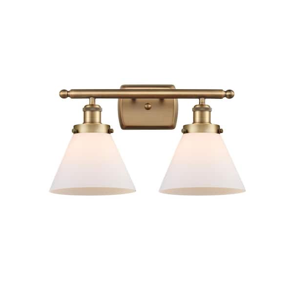 Cone 18 in. 2-Light Brushed Brass Vanity Light with Glass Shade