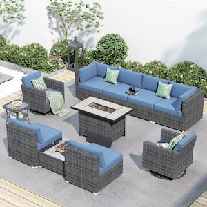 Messi Grey 11-Piece Wicker Outdoor Patio Fire Pit Conversation Sofa Set with Swivel Chairs and Denim Blue Cushions