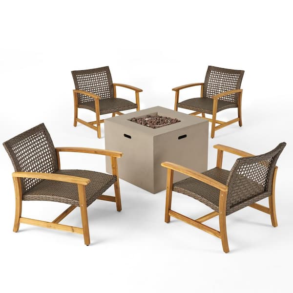Noble House Augusta Natural Finished 5-Piece Wood Patio Fire Pit Seating Set