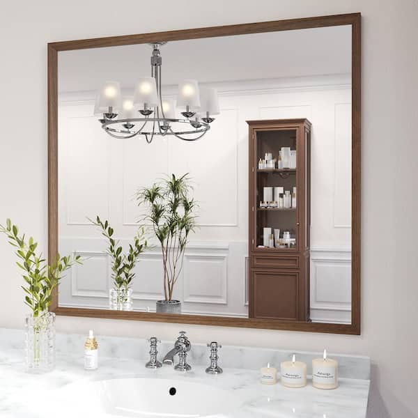 Walnut 36 in. W x 36 in. H Rectangle Farmhouse Wall Mounted Framed Mirror, Anti-Rust Bathroom Vanity Mirrors