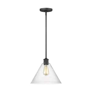 Belton 1-Light Midnight Black Hanging Pendant with Satin Etched Glass Shade