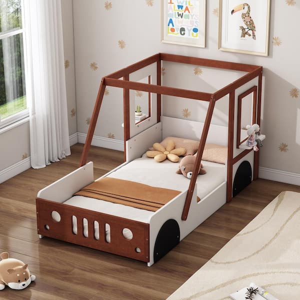 Harper & Bright Designs White and Orange Wood Frame Twin Size Car-Shaped Platform Bed with Fun Play Design