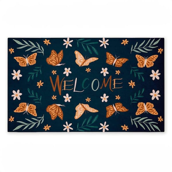 Welcome Butterflies and Botanicals Blue 18 in. x 30 in. Polyester Non-Slip Outdoor Door Mat
