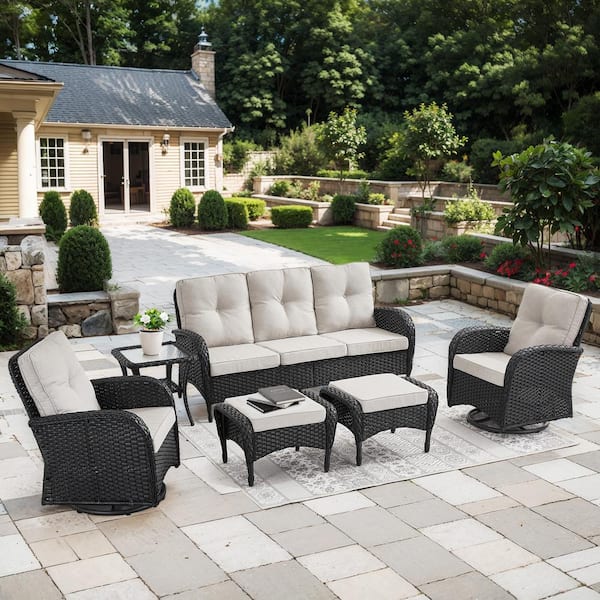 Gymojoy Carlos Black 6-Piece Wicker Patio Sofa Conversation Seating Set with Beige Cushions