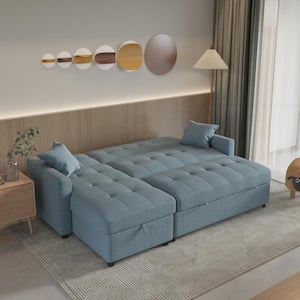81.9 in. W Blue Cotton Queen Size 4 Seats Reversible Pull out Sleeper Sectional Storage Sofa Bed